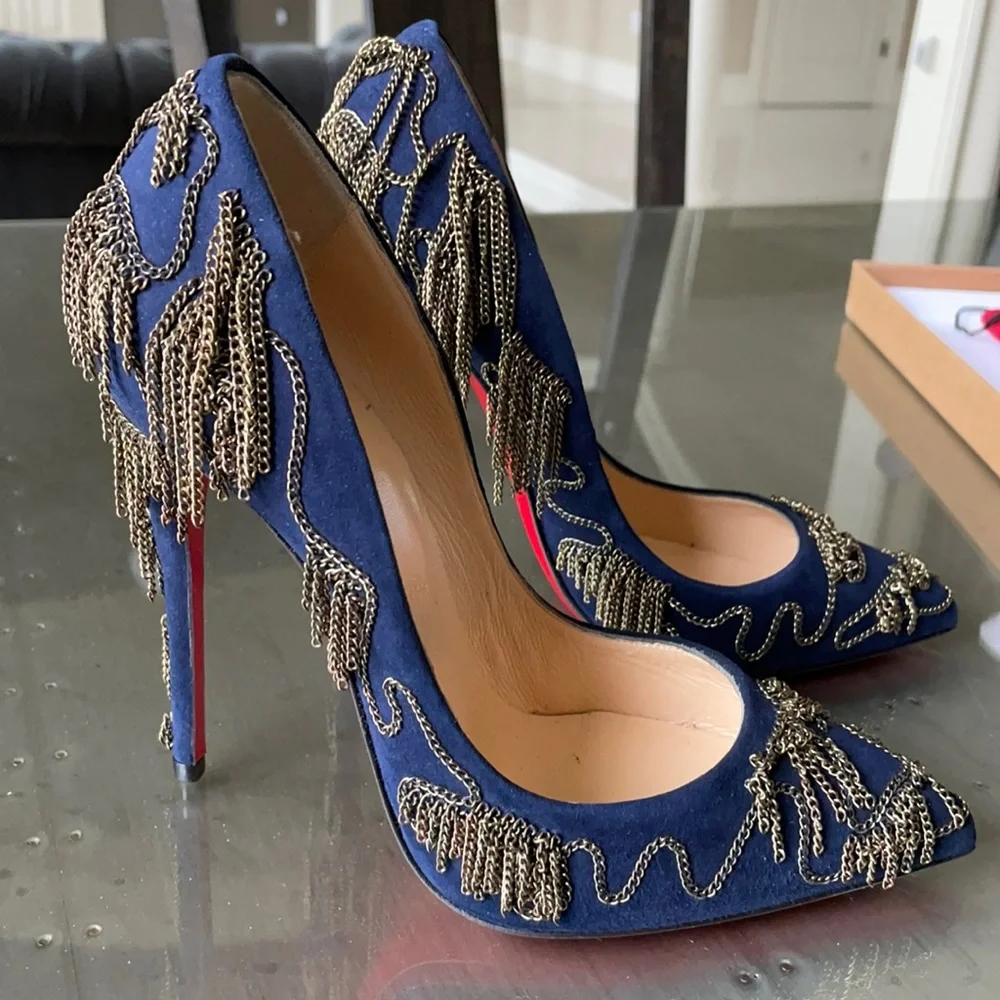 Christian louboutin dollyparty navy satin chain stiletto sz 38 120mm $2495